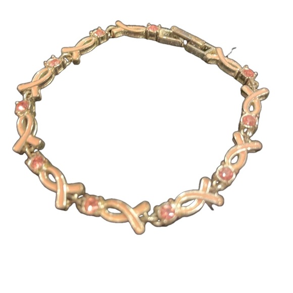 Vtg 8” Avon gold tone Breast Cancer Awareness bracelet w/10 bezel set crystals - Picture 2 of 13